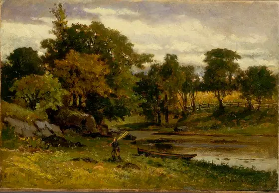 Untitled (landscape, boat moored near stream, man walking in foreground), Edward Mitchell Bannister, 1879, oil on canvas