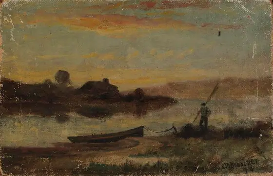 Untitled (landscape, boat moored near bank with man walking), Edward Mitchell Bannister, 1896, oil on canvas