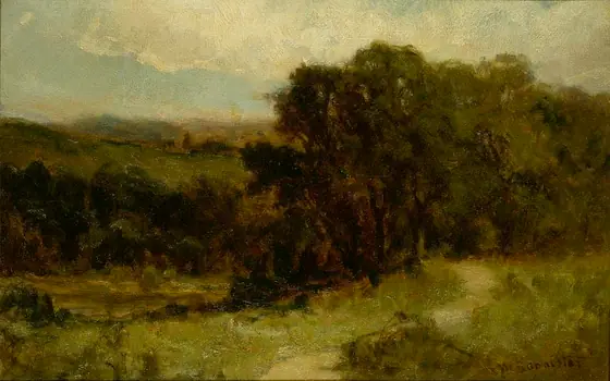 Untitled (landscape with road near stream and trees), Edward Mitchell Bannister, oil on canvas