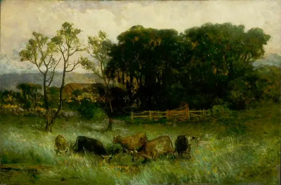 Untitled (five cows in pasture), Edward Mitchell Bannister, ca. 1884-1886, oil on canvas
