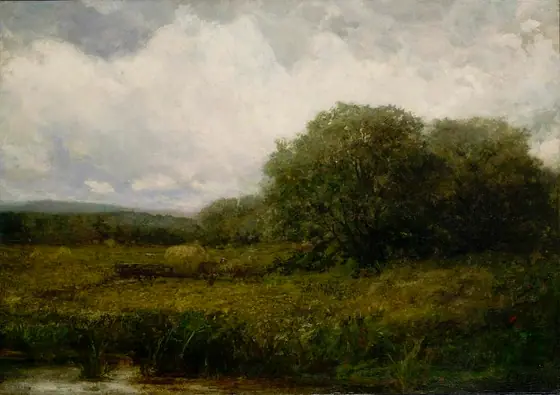 Untitled (landscape with oxen and haycart crossing bridge), Edward Mitchell Bannister, oil on canvas