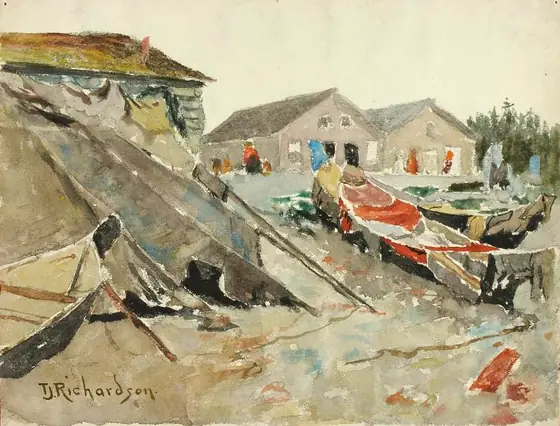 Drying Blankets over Canoes, Theodore J. Richardson, ca. 1890-1914, watercolor on paper, mounted on colored paper
