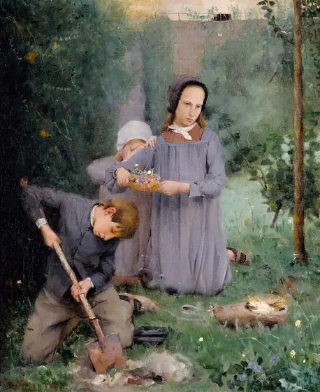 Children Burying a Bird, Julian Alden Weir, 1878, oil on canvas mounted on fiberglass