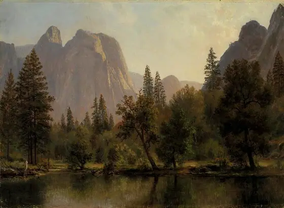 Cathedral Rocks, Yosemite Valley, Albert Bierstadt, ca. 1872, oil on paper mounted on canvas